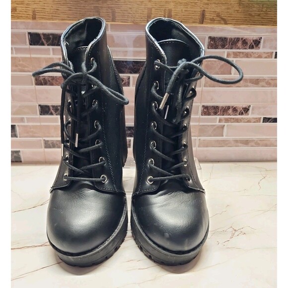 Divided H&M Boots Women 8.5 Punk Biker Hgh Block Heel Black Lace Up Y2K 90 Style - Picture 2 of 7